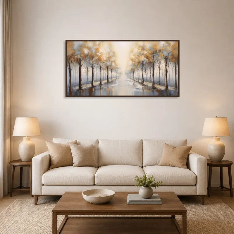 Autumn abstract artwork above a modern sofa in the living room.