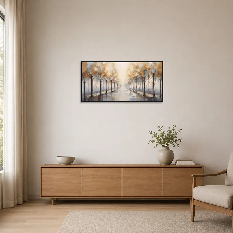 Ethereal forest artwork in a sparse minimalist space.