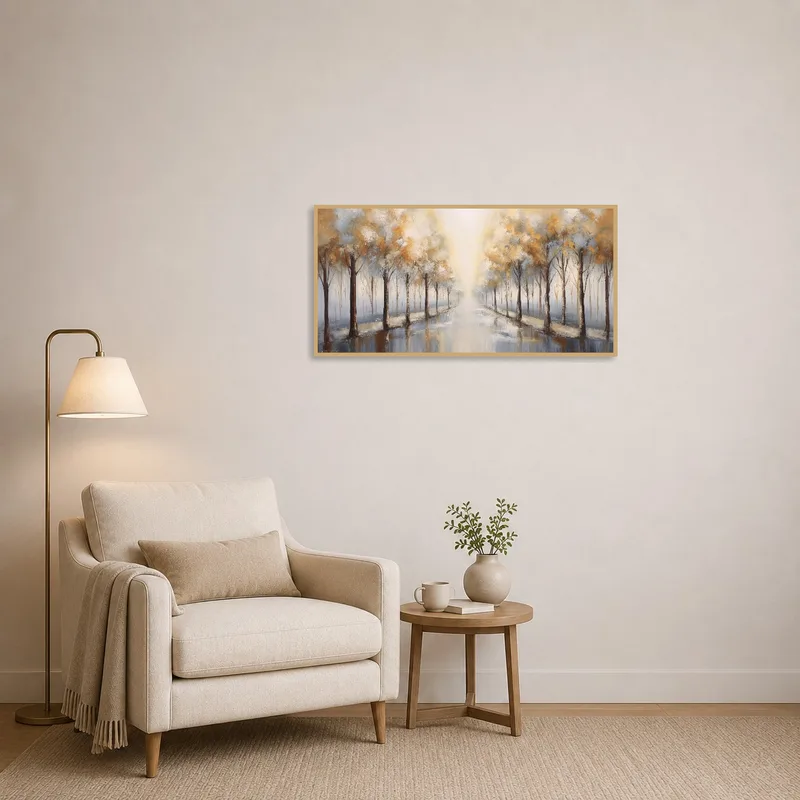 Abstract forest scene adding warmth to the reading corner.