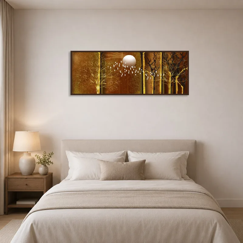 Bedroom wall displays an ethereal forest with moon and flying birds.
