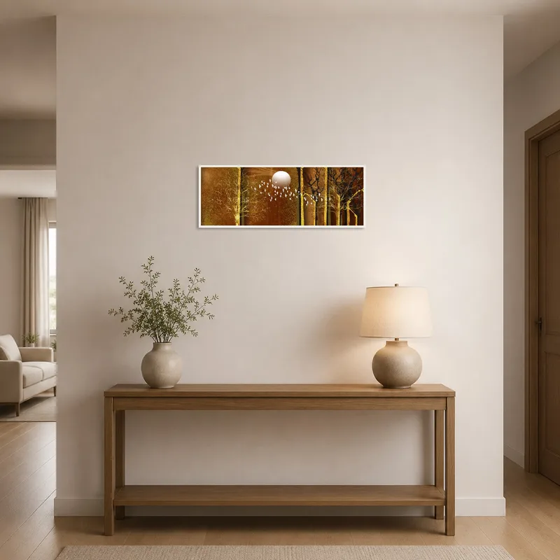 Entrance hall features calming panorama of a forest, moon, and birds.