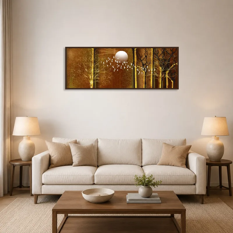 Ethereal forest art with moon and birds adds serenity to the living room wall.