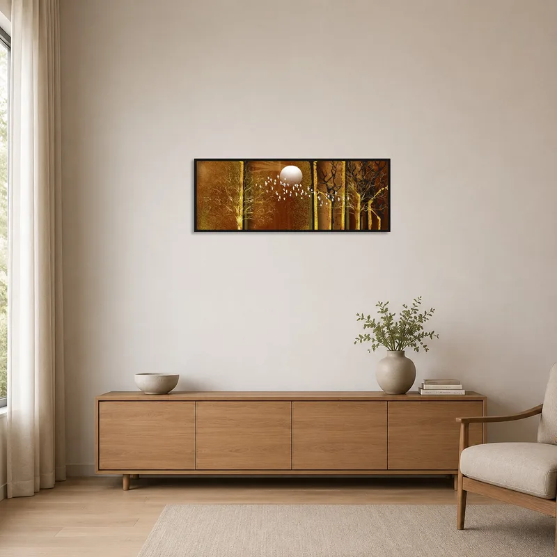 Minimalist room enhanced by ethereal forest scene featuring moon and birds.