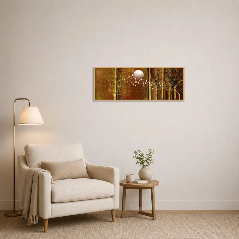 Reading corner adorned by peaceful forest scene with moon and birds.