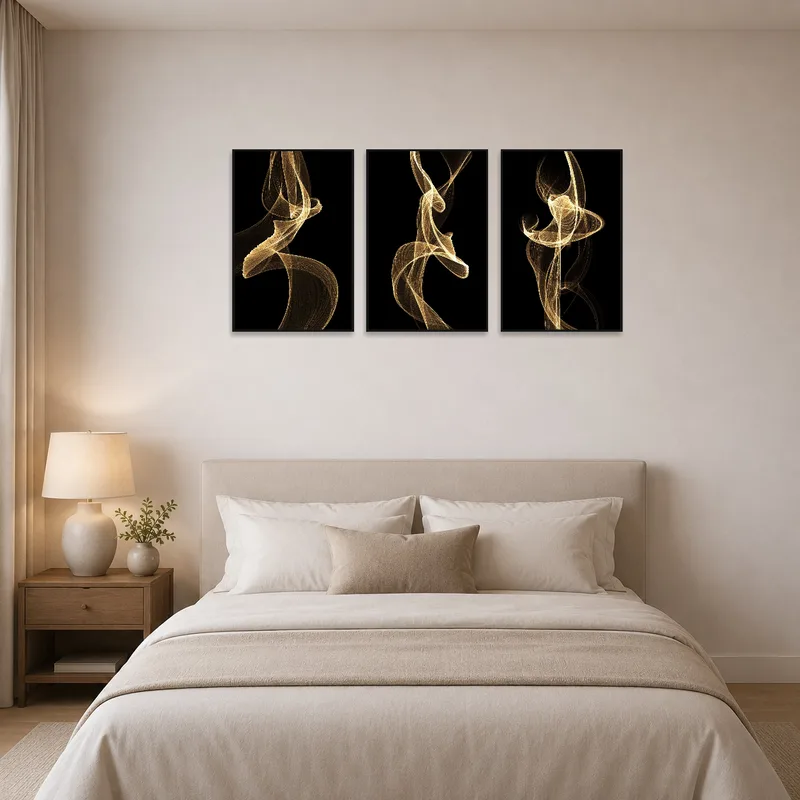 Black and gold abstract artwork enhances the tranquility of a bedroom ambiance.