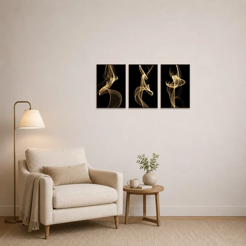 Golden abstract panels create a calming aesthetic in the cozy reading corner.
