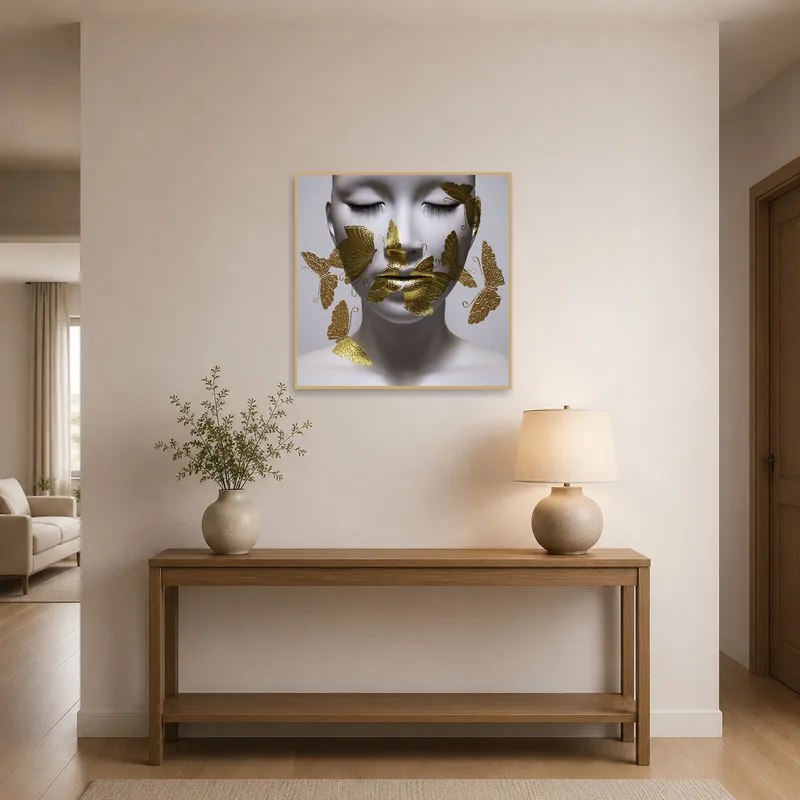 Eye-catching butterflies piece graces the wall of a stylish entrance hall.