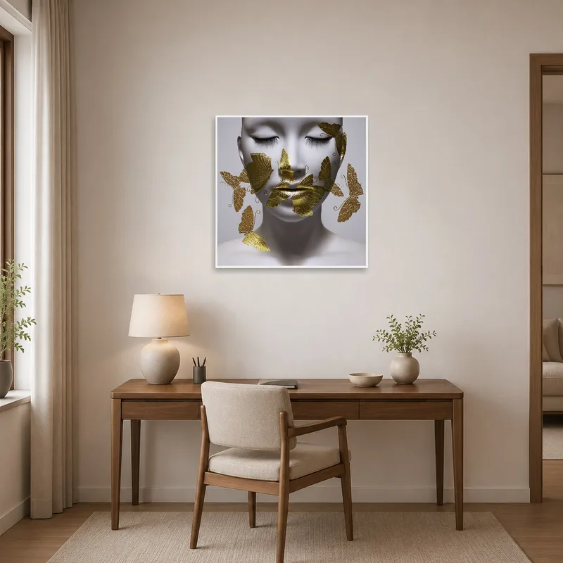 Sophisticated home office with gold butterflies piece enhancing the workspace.