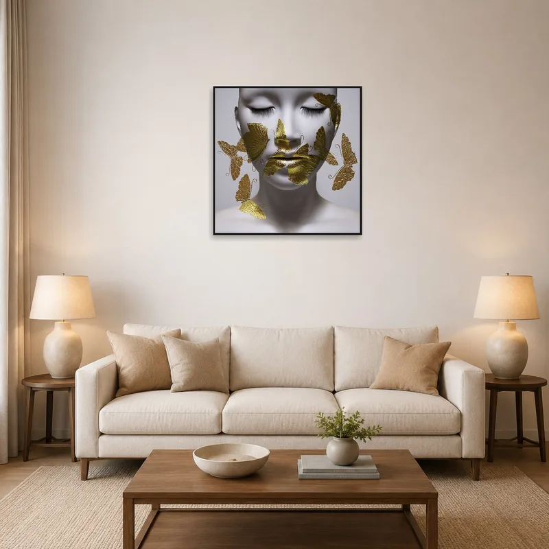 Ethereal gold butterflies art displayed above a modern sofa in a chic living room.