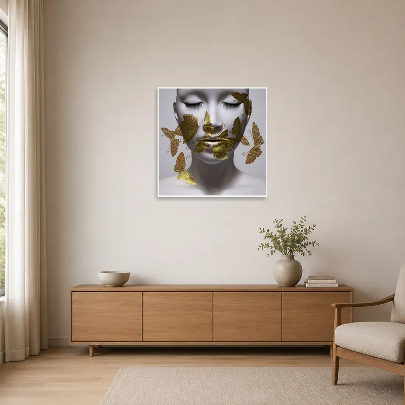 Gold butterflies on a sleek piece complement a minimalist wall in a serene room.