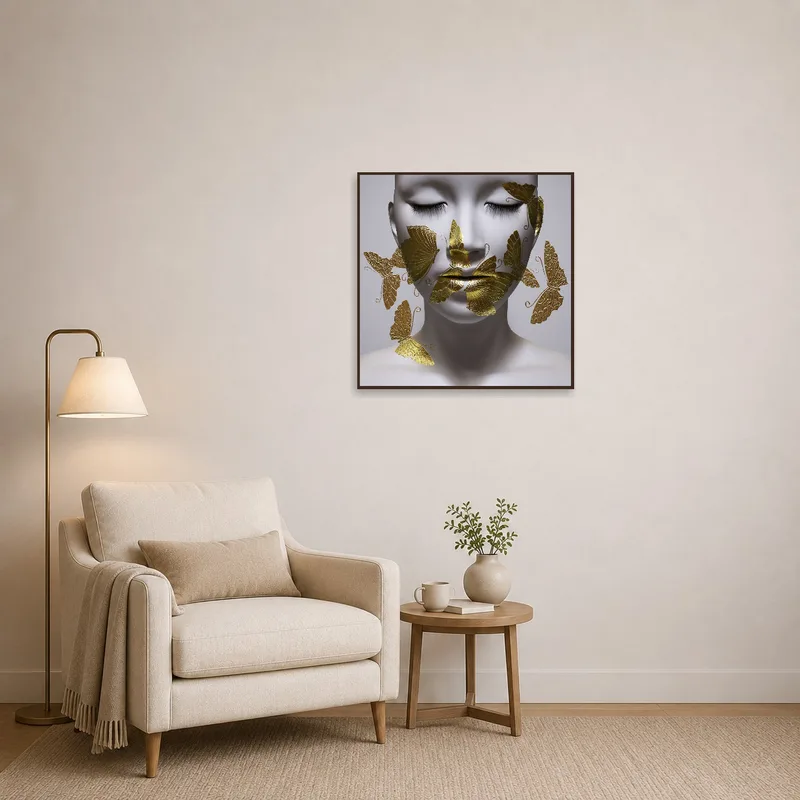 Gold butterflies elegantly adorn a cozy reading corner nook wall.