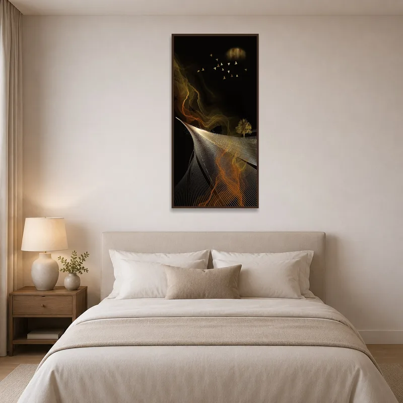 Ethereal landscape art above a bedroom headboard.