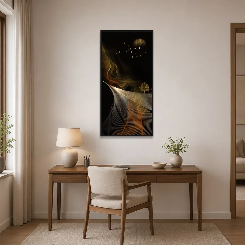 Abstract wave artwork in a modern home office environment.