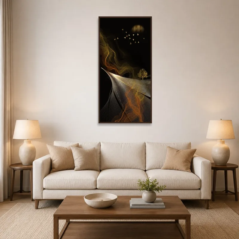 Ethereal landscape art with abstract waves above a living room sofa.