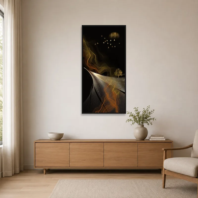 Abstract wave artwork on a minimalist white wall.