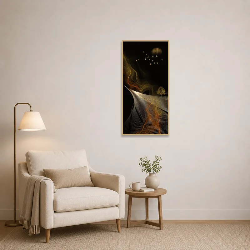 Abstract wave artwork in a cozy reading corner space.