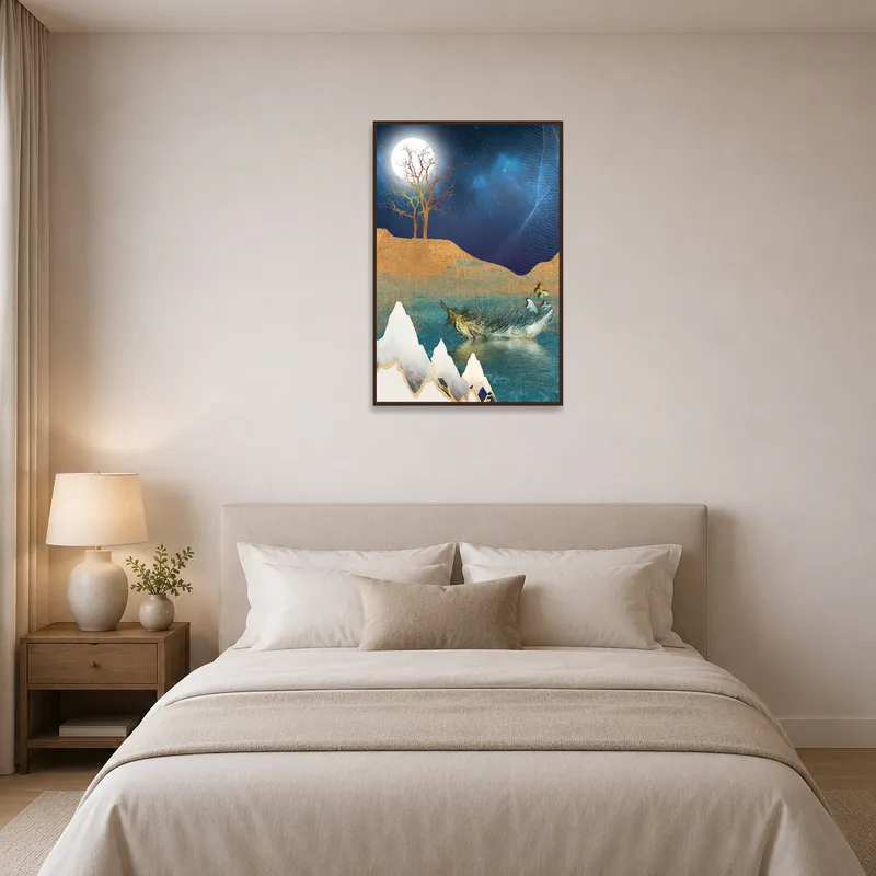 Serene bedroom art above bed, showcasing moon and feathers.