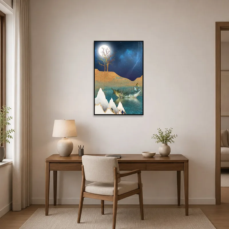 Home office with wall display of ethereal landscape with moon.