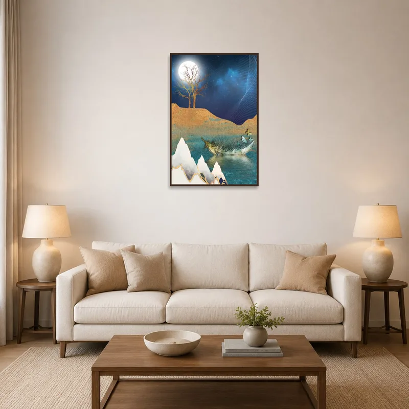 Art of moon with feathers in a living room above a modern gray sofa.