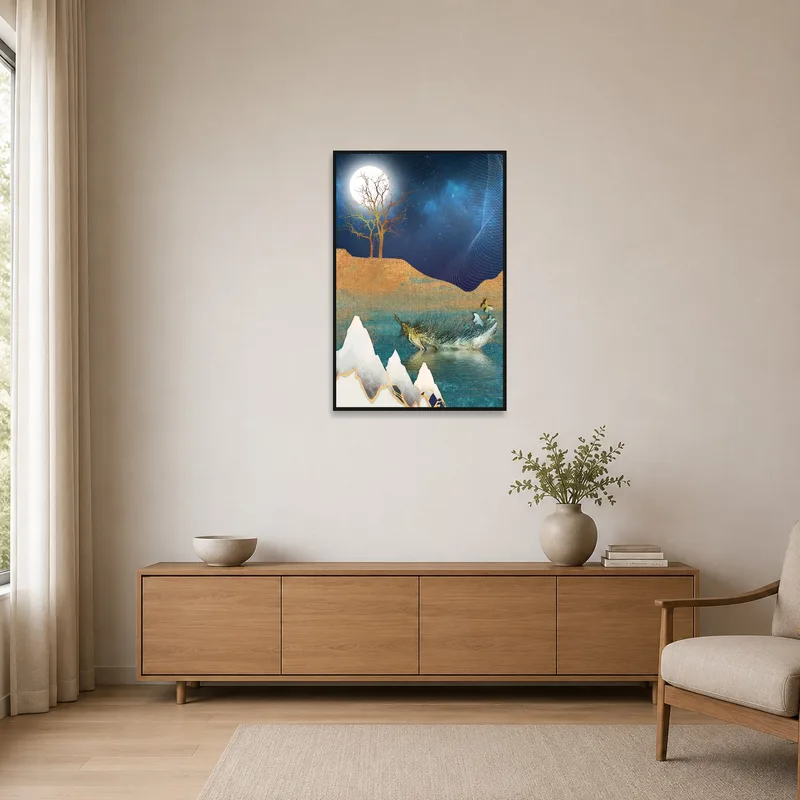 Minimalist room with moon and feathers art on a white wall.