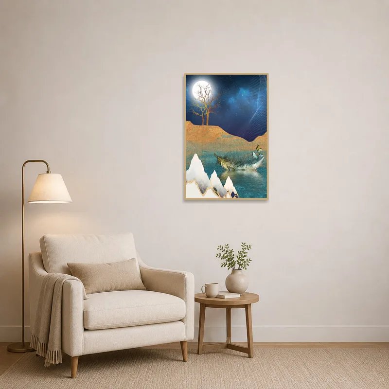 Reading corner with cozy chair and ethereal landscape art.