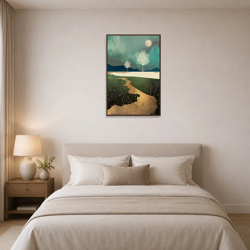 Ethereal landscape with trees and moon art hanging above a bed.