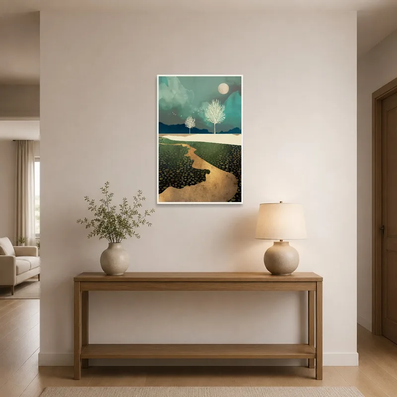 Entrance hall displaying ethereal landscape artwork of trees and moon.