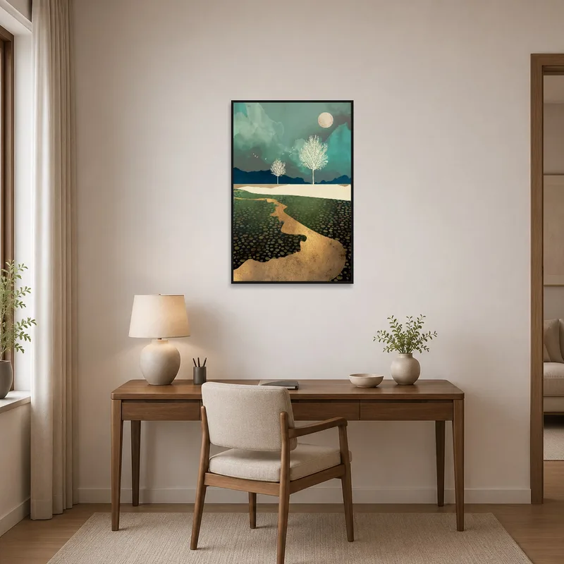 Home office showcasing ethereal landscape art of trees and moon on the wall.