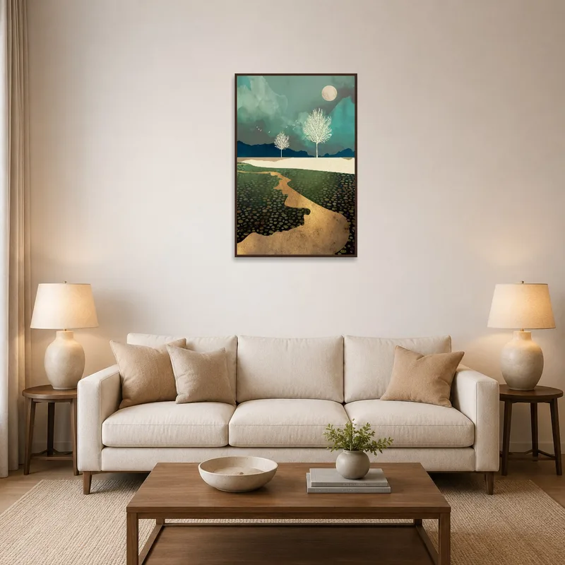 Ethereal landscape art with trees and moon shown above a living room couch.