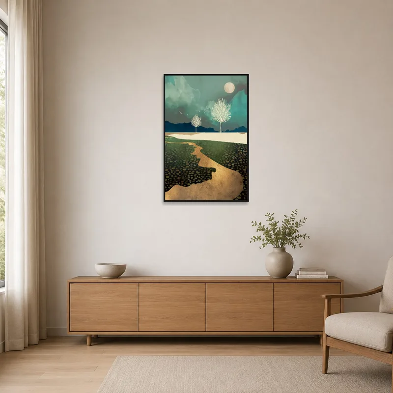 Minimalist room with ethereal landscape art featuring trees and moon on a plain wall.