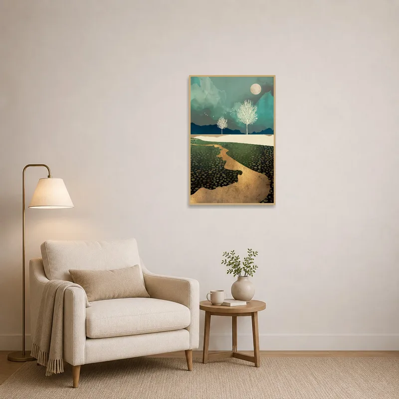 Reading corner featuring ethereal landscape art with trees and moon.