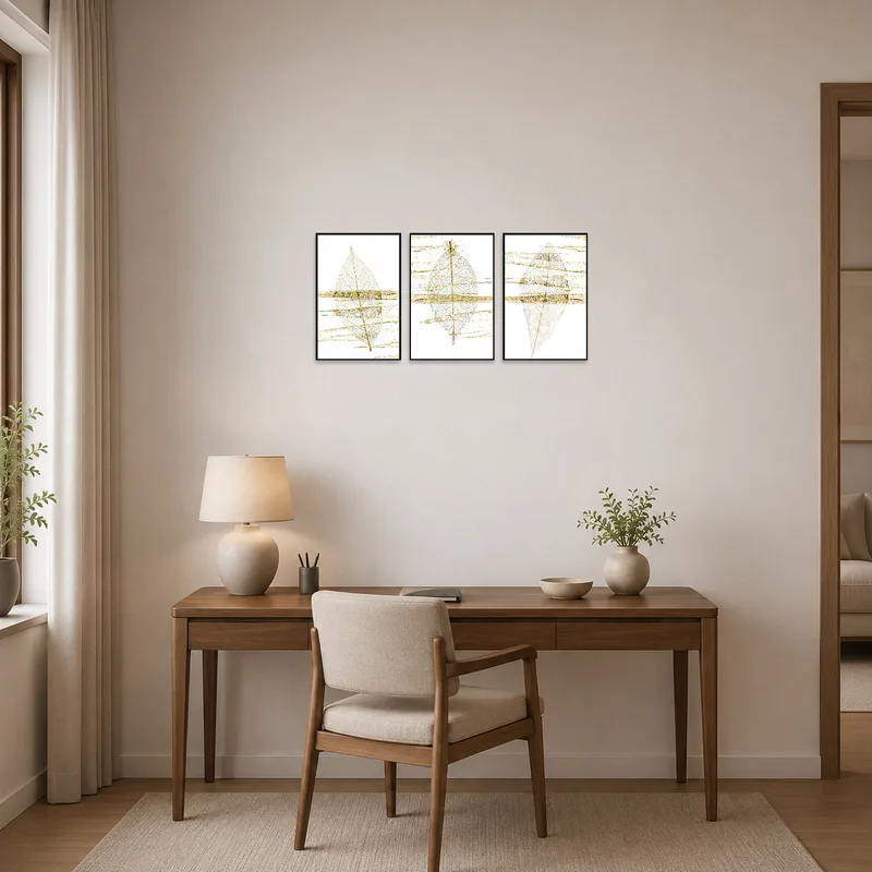 Ethereal Leaf & Gold Abstract Triptych Set elevating a home office with sleek furniture and organized space.