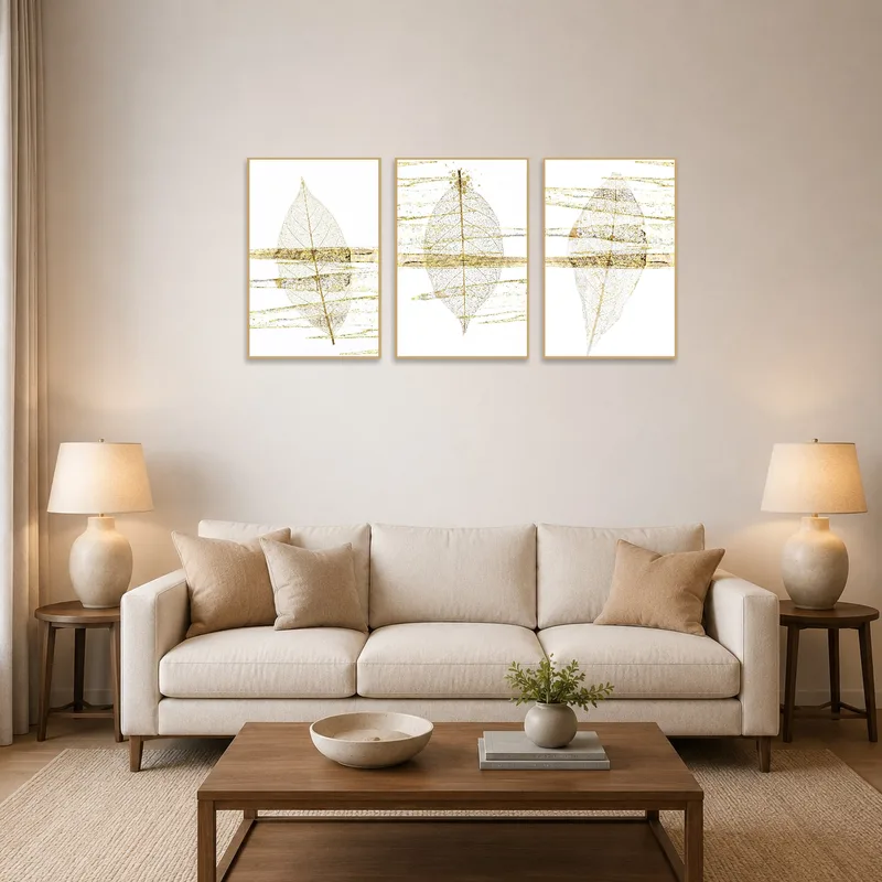 Ethereal Leaf & Gold Abstract Triptych Set in a stylish living room with a cozy sofa and elegant decor.