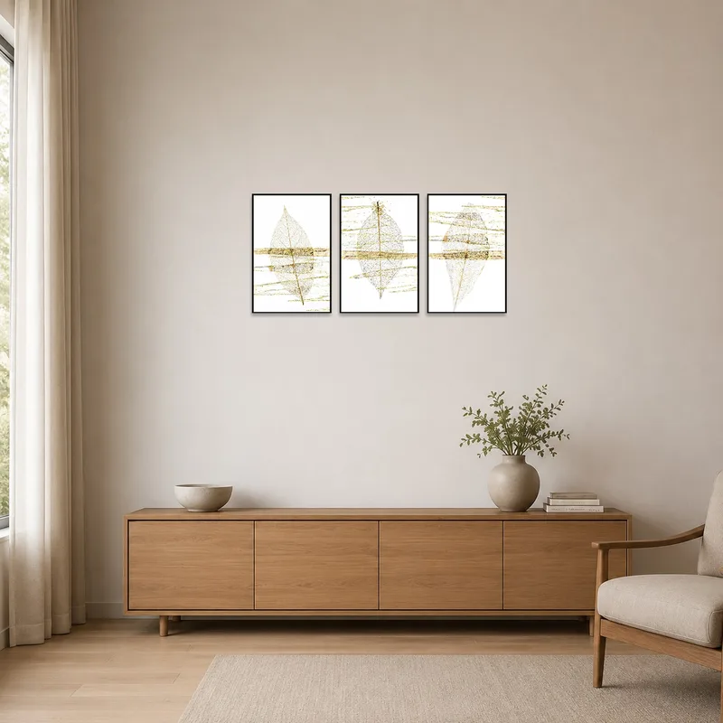 Ethereal Leaf & Gold Abstract Triptych Set enhancing a minimalist room with clean lines and neutral tones.