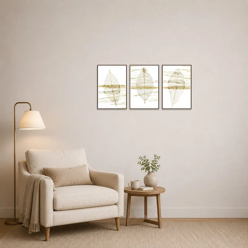 Ethereal Leaf & Gold Abstract Triptych Set in a serene reading corner beside a comfortable chair and lamp.