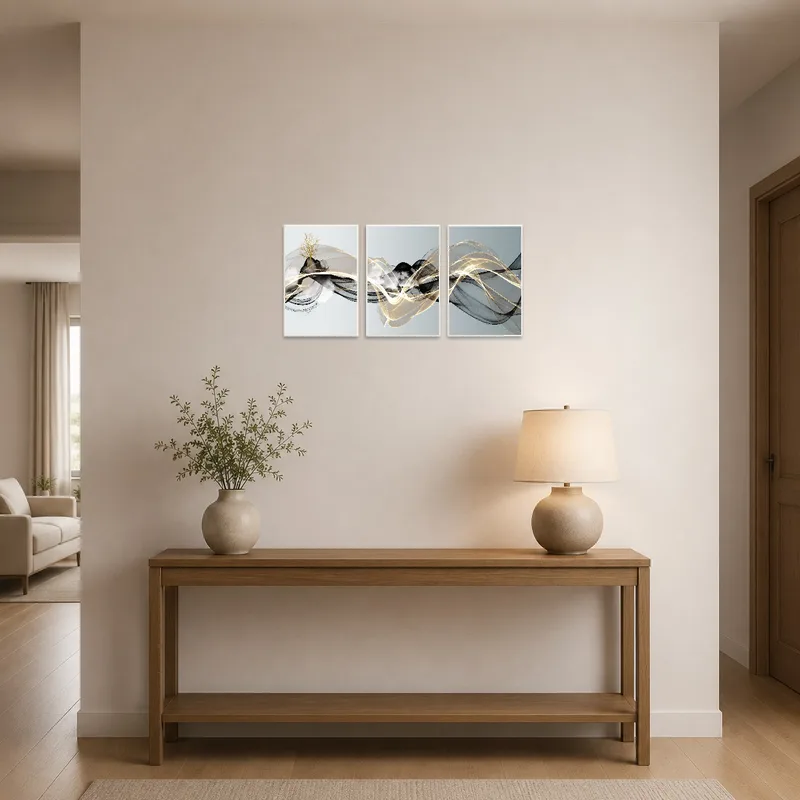Abstract triptych greets visitors in an entrance hall.