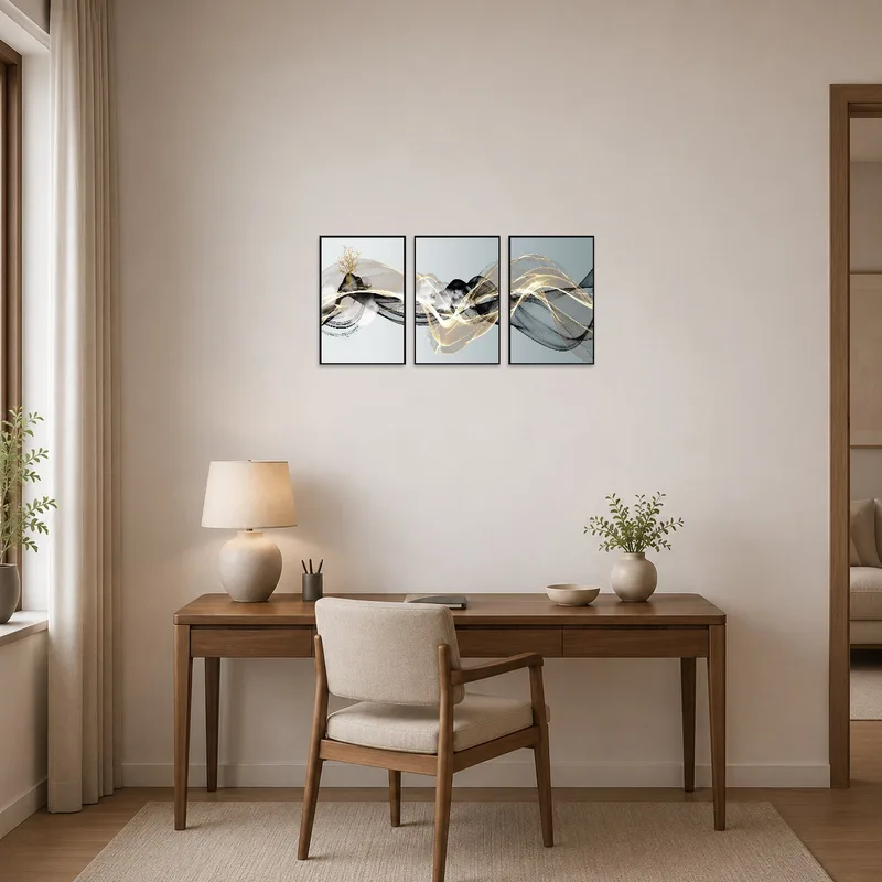 Triptych with gold accents inspires creativity in a home office.
