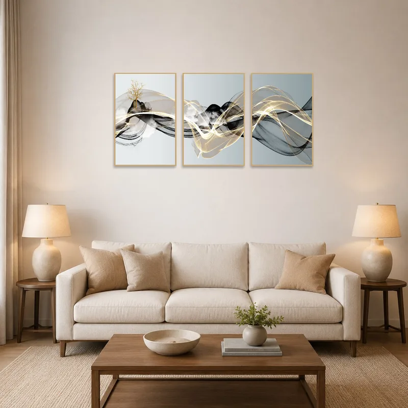 Triptych with swirling gold accents on a living room wall.