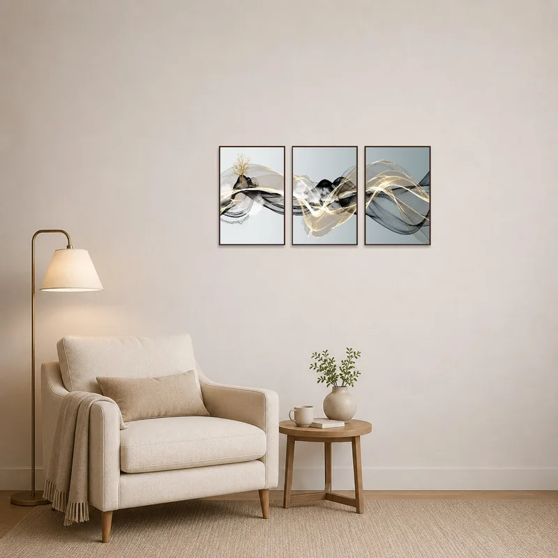 Ethereal triptych with gold accents adds intrigue to a reading corner.