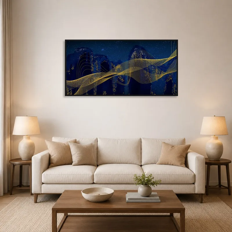 The Ethereal Night Sky with Golden Waves adds allure above a living room sofa.