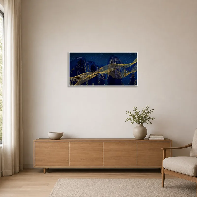A sophisticated touch in a minimalist room with Ethereal Night Sky's golden waves.
