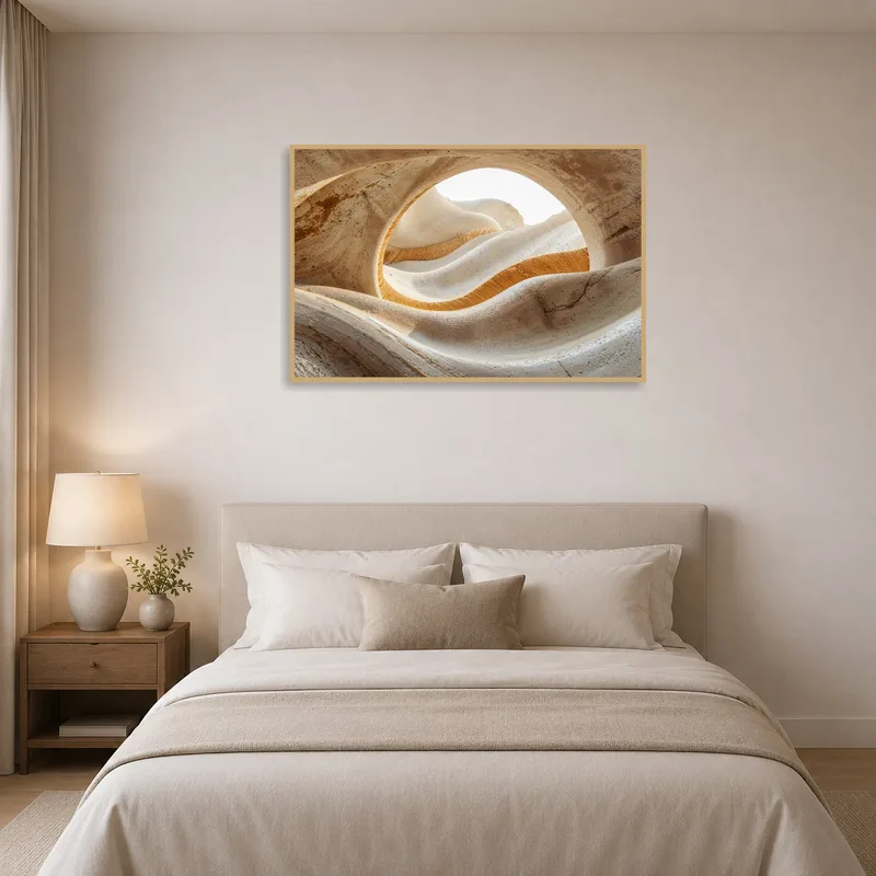 Ethereal sandstone formations print bringing serenity to a bedroom.