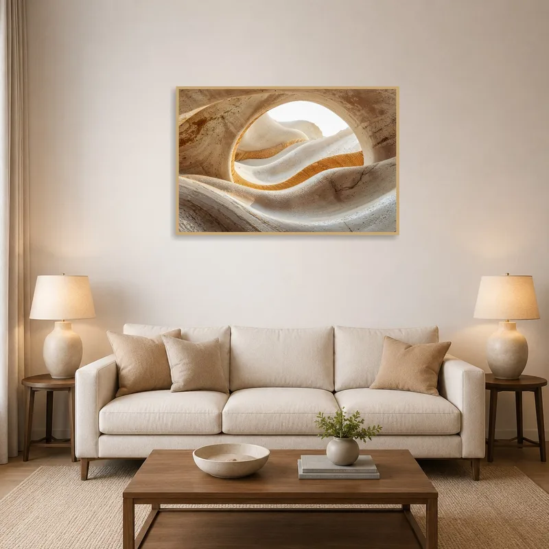 Ethereal Sandstone Formations Print in a living room with modern furnishings.