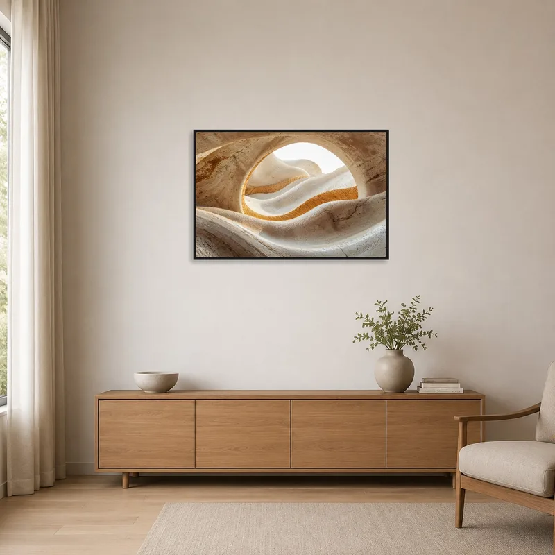 Print of sandstone formations enhancing a minimalist room's clean lines.