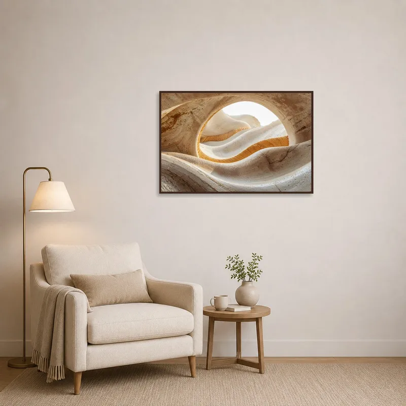 Print of ethereal sandstone formations creating a calm reading corner.