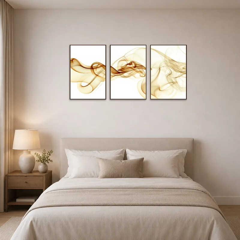 Elegant smoke-themed artwork set displayed above a bed.