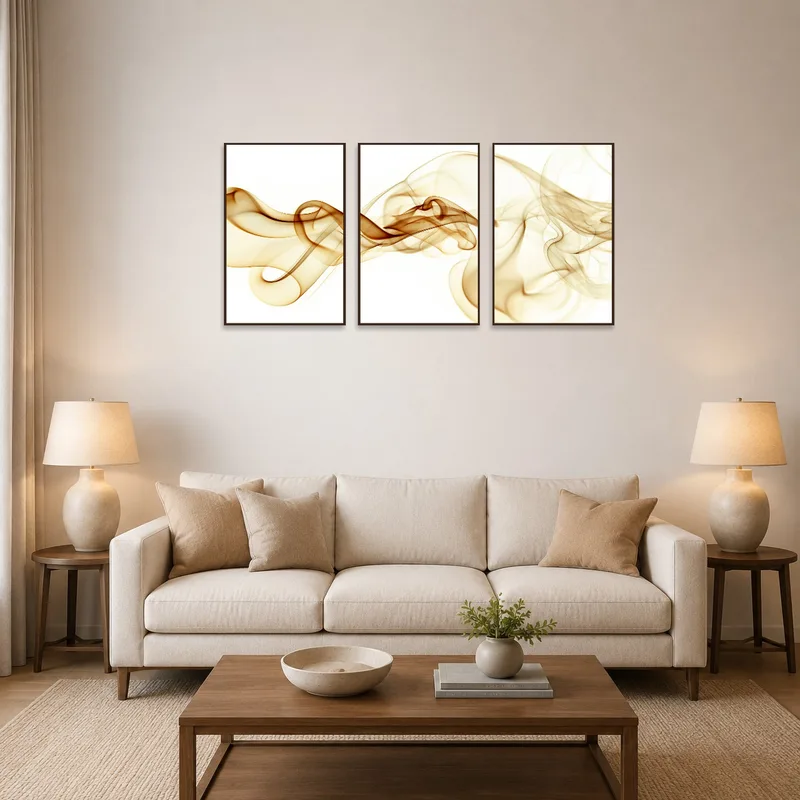 Abstract triptych art above the sofa in a modern living room.
