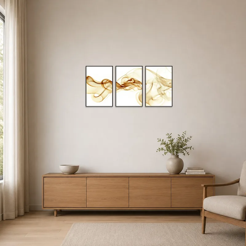 Smoke flow artwork set against a white wall in a minimalist space.