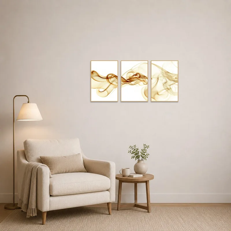 Artistic triptych enhancing the ambiance of a cozy reading nook.