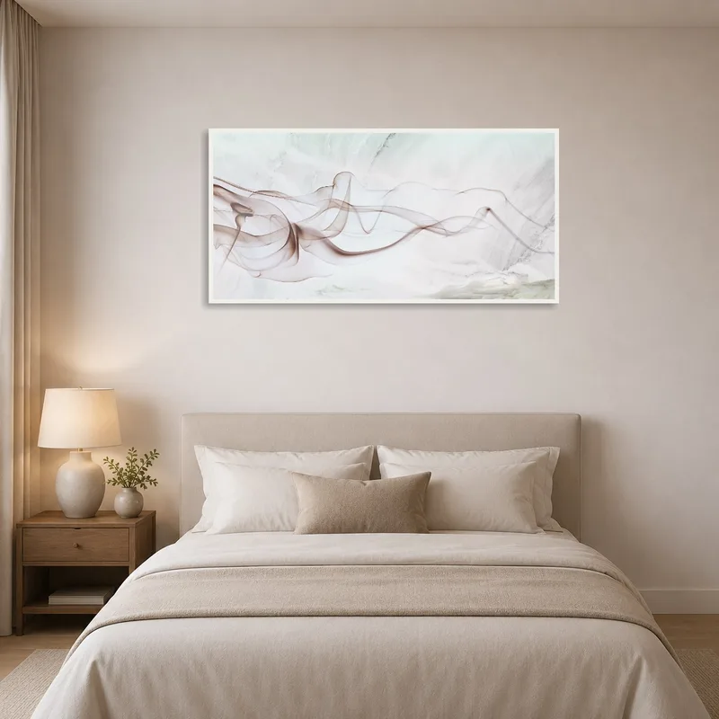 Ethereal smoke piece adds tranquility to a serene bedroom atmosphere.